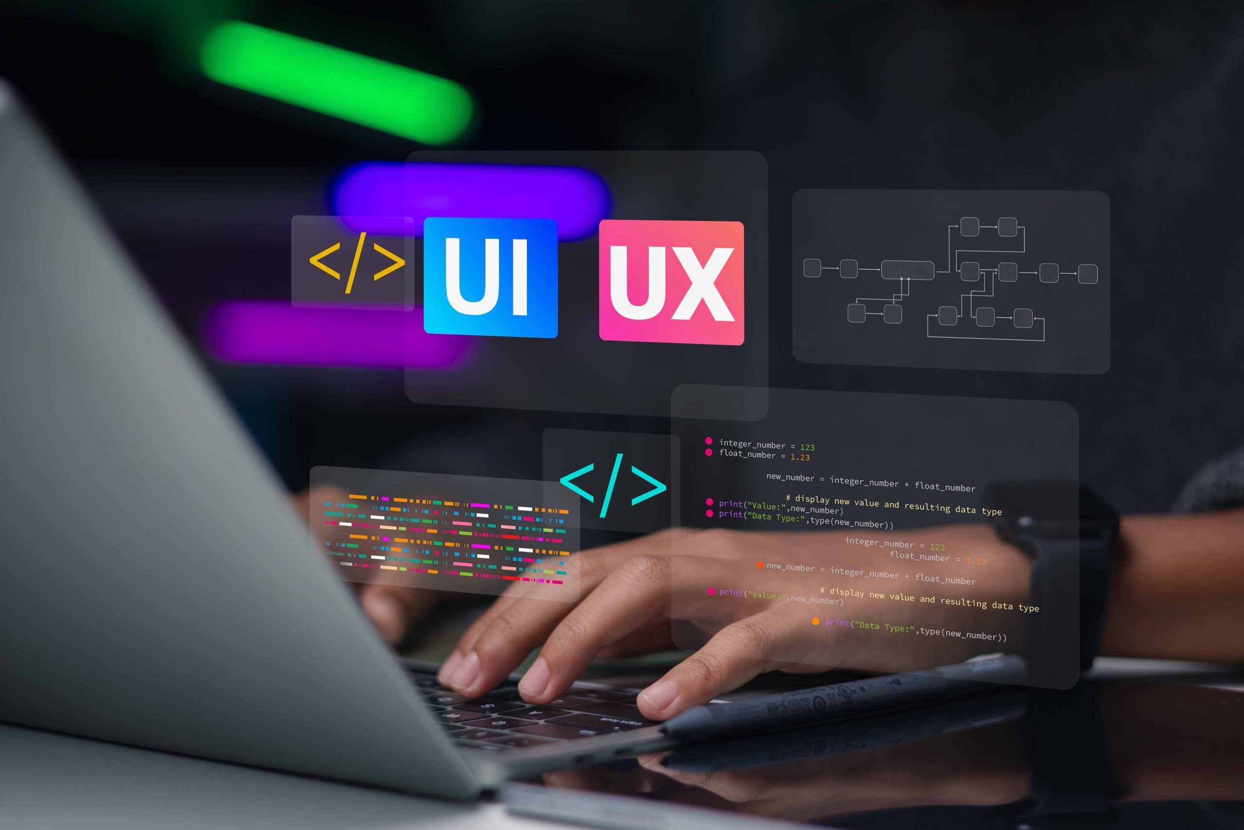 web-designer-programmer-using-laptop-uiux-design-software-development-with-digital-interface-icons